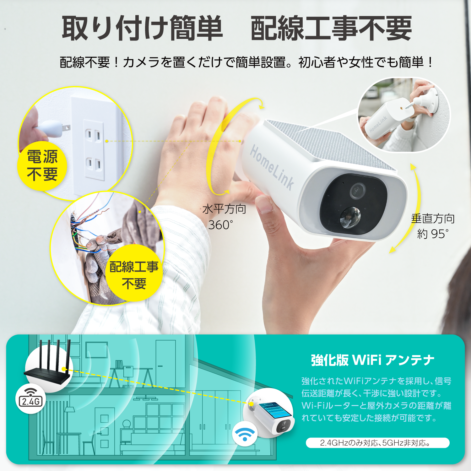 防犯カメラ 屋外 ソーラー 工事不要 HomeLink対応 リンクジャパン eCamera S 屋外 見守り カメラ ソーラーパネル 一体型 バッテリー内蔵 高速率充電 IP65防水防塵 動体検知 夜間暗視 警報音声 双方向音声 人感センサー 高輝度LEDライト 家族共有 SDカード/クラウド録画保存 2.4GWi-Fi対応 高精度バッテリー残量検知チップ搭載