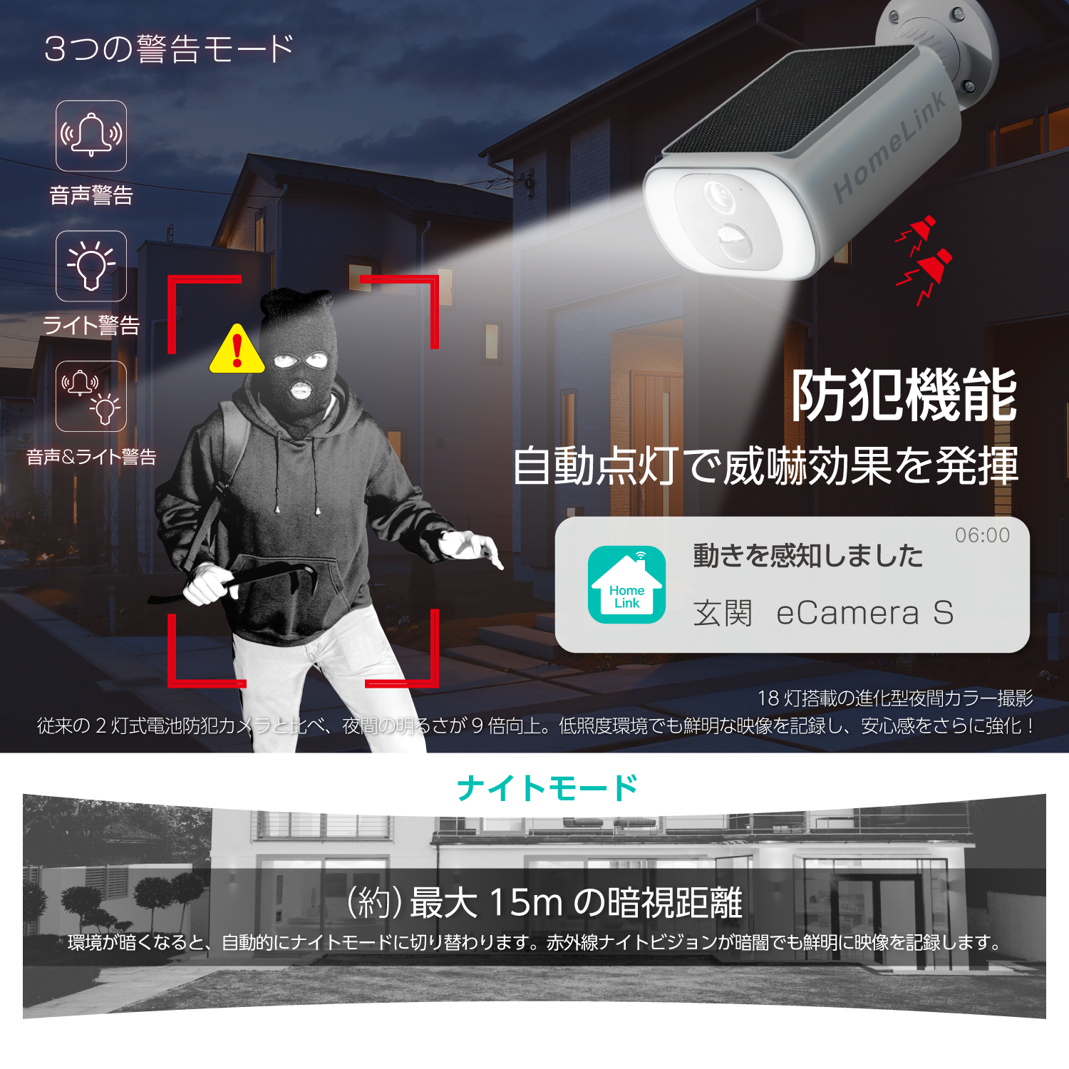 防犯カメラ 屋外 ソーラー 工事不要 HomeLink対応 リンクジャパン eCamera S 屋外 見守り カメラ ソーラーパネル 一体型 バッテリー内蔵 高速率充電 IP65防水防塵 動体検知 夜間暗視 警報音声 双方向音声 人感センサー 高輝度LEDライト 家族共有 SDカード/クラウド録画保存 2.4GWi-Fi対応 高精度バッテリー残量検知チップ搭載