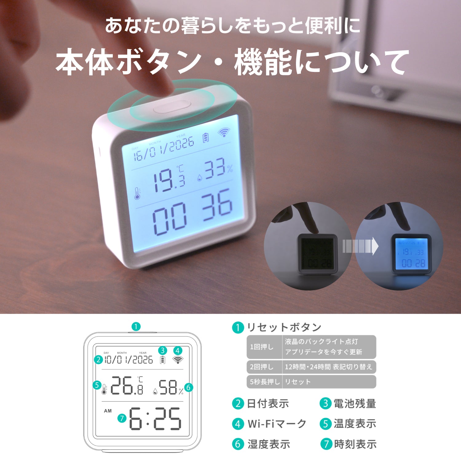 LinkJapan eSensor2+ スマート温湿度計 Wi-Fi接続 ハブ不要 スイス製高精度センサー スマホで遠隔確認 電池式 壁掛け対応 ペット・植物管理 グラフ記録 アラート通知 大画面 時計 カレンダー バックライト 【Alexa/Google Home/HomeLink 対応】